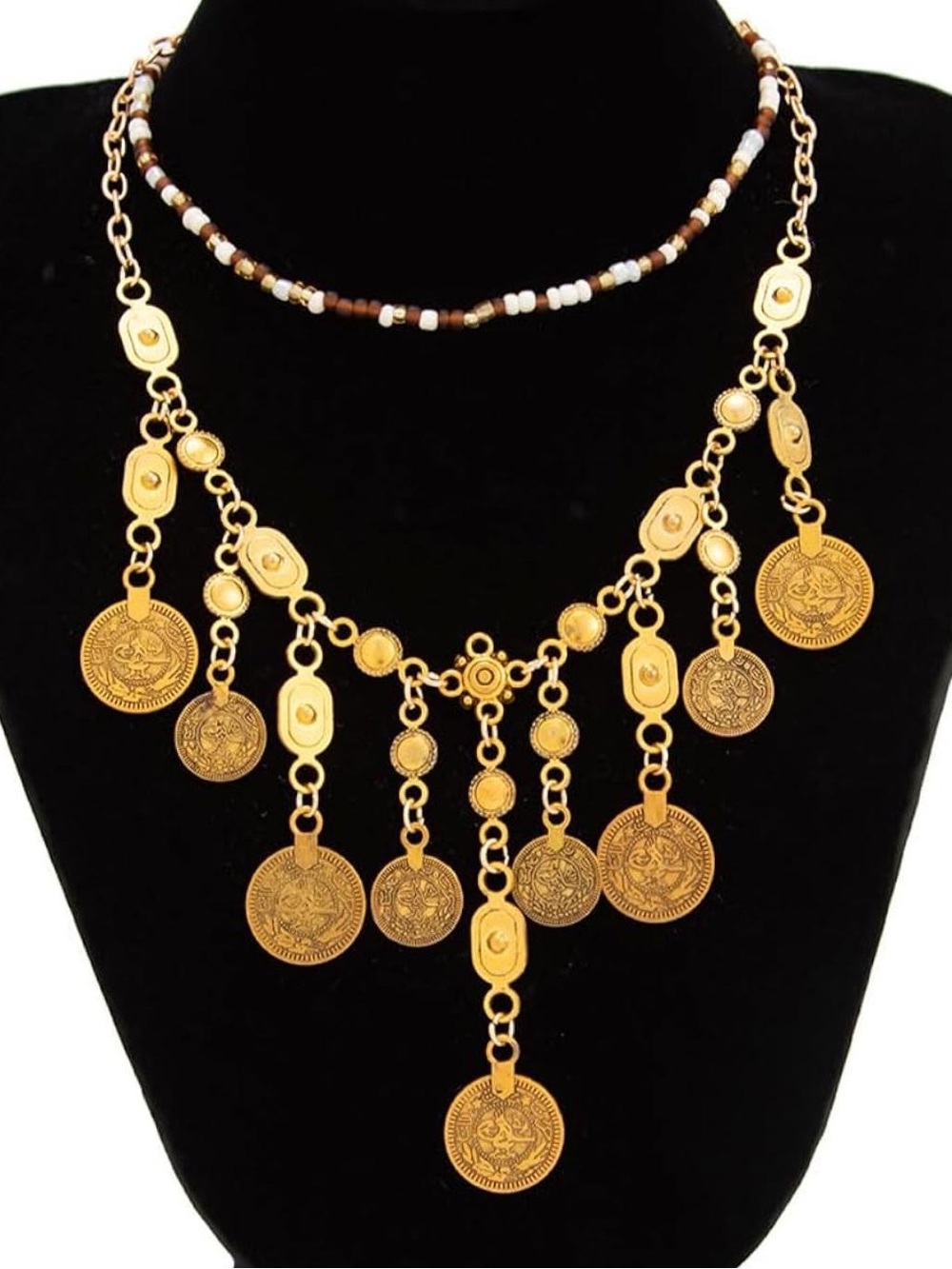 Anthropologie Gold Coin Fringe Necklace with Brown & Cream Beads - Picture 3 of 9